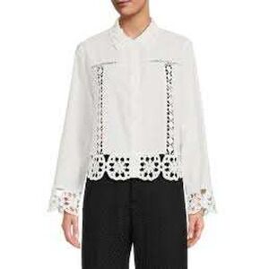 WD NY White Crochet Trimmed Cropped Shirt Structured Boho Buttons